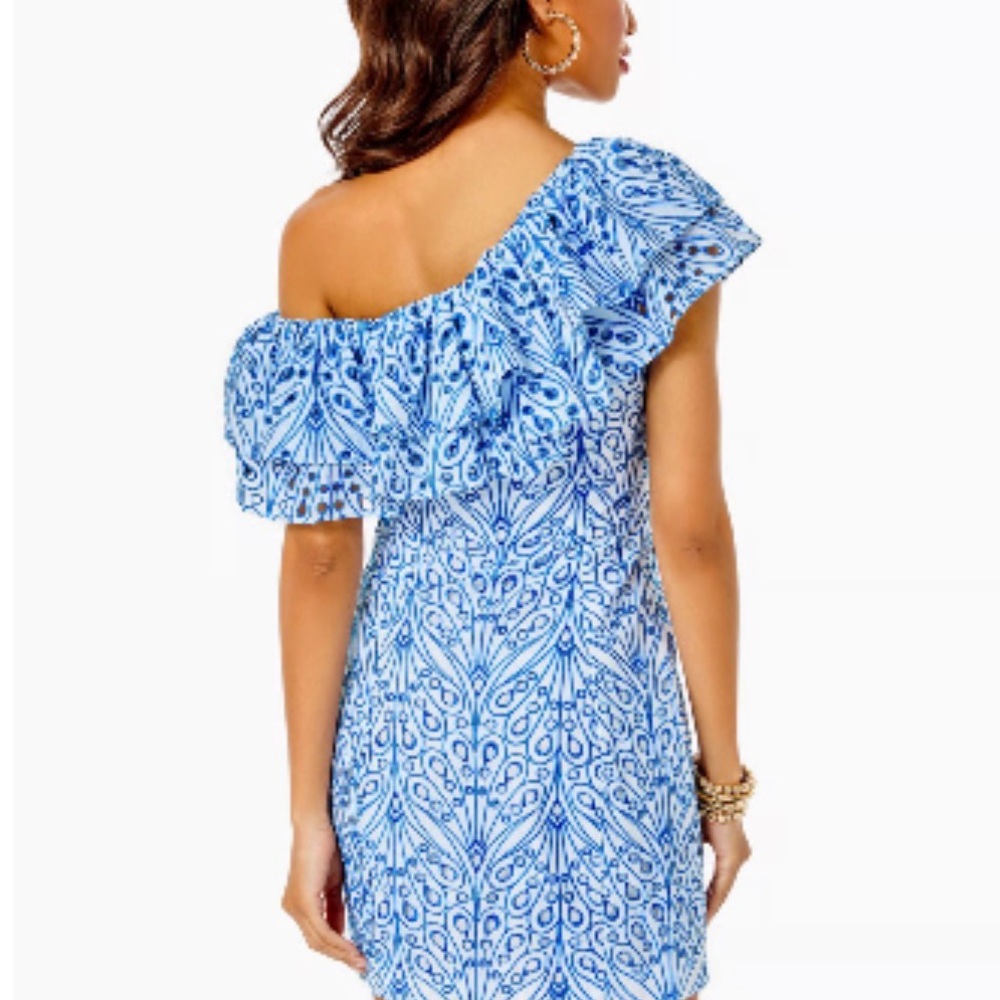 NWT Lilly Pulitzer Sundea One Shoulder Eyelet Shift Dress Blue Tang Size 12 - Picture 3 of 12